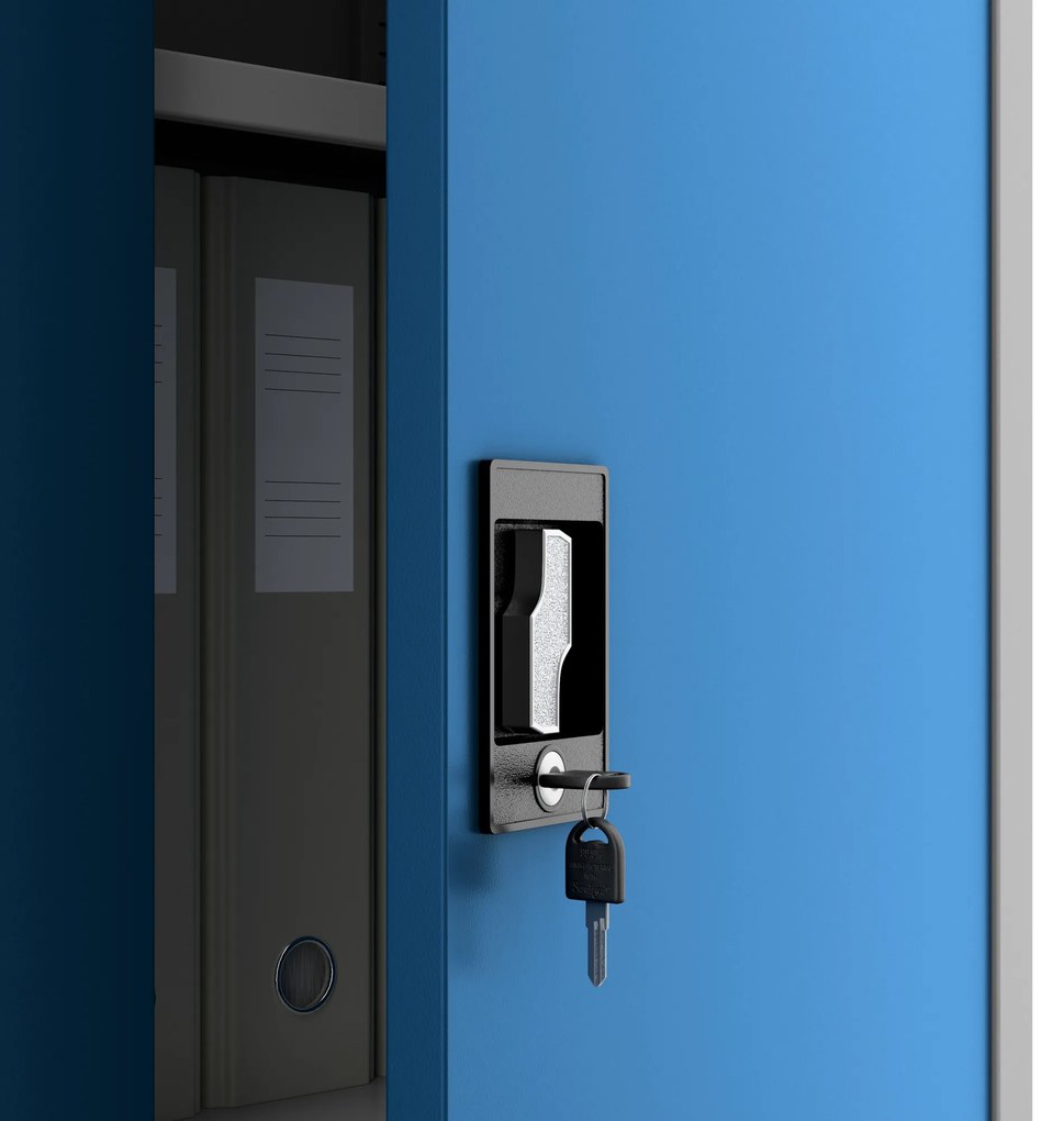 Zárható takarítószekrény DAWID – 900 x 1850 x 450 mm, szürke-kék