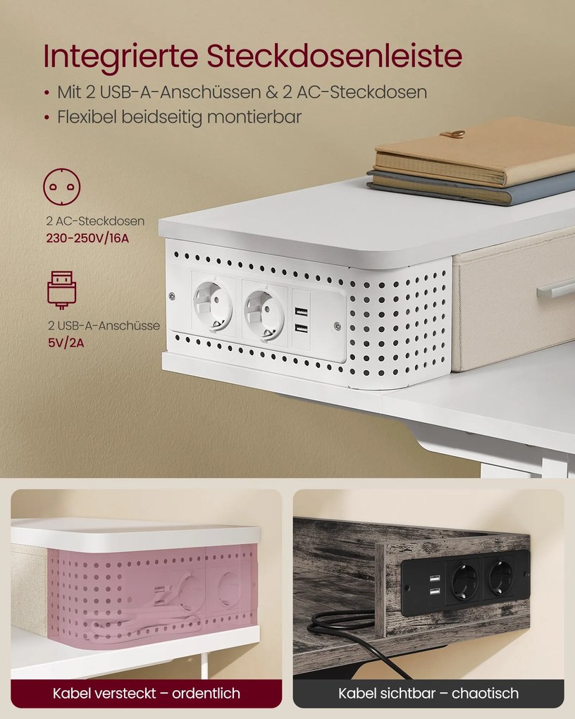 VASAGLE elektromos állítható íróasztal, 120x60 cm, memória funkció, fehér, cserélhető állítható lábakkal és görgőkkel