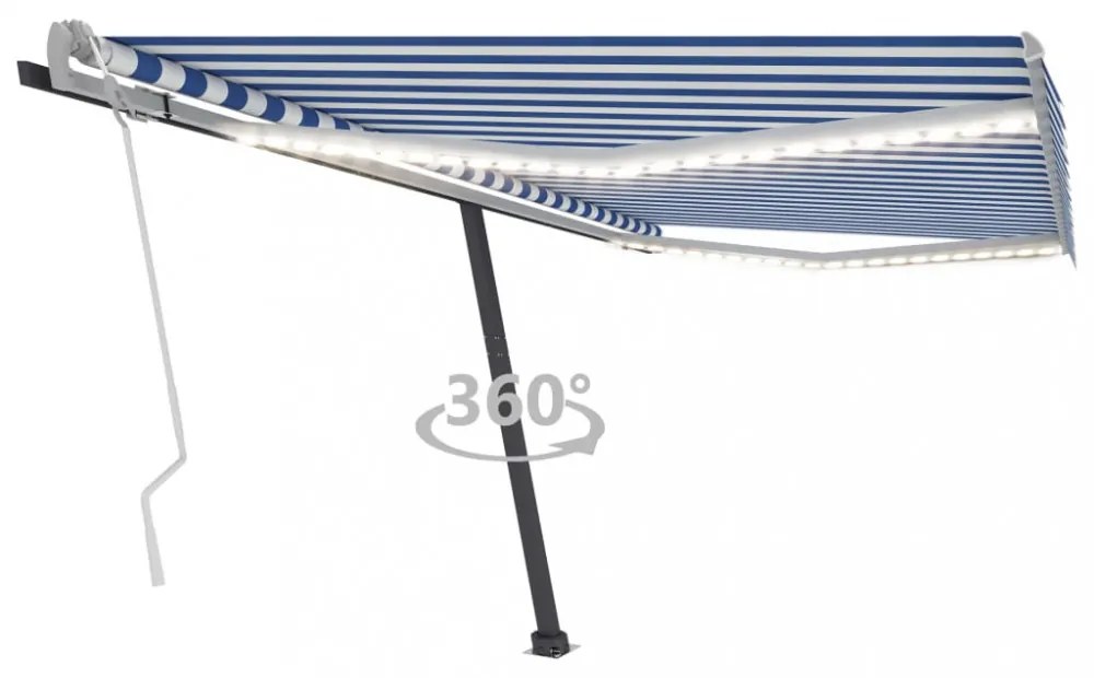kék és fehér kézzel kihúzható LED-es napellenző 450 x 300 cm
