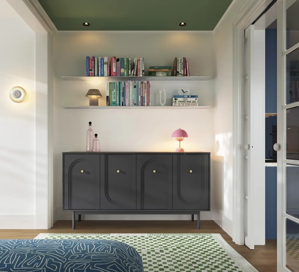 Komód 4 ajtós fekete színben arany fogantyúkkal – MAZOMA