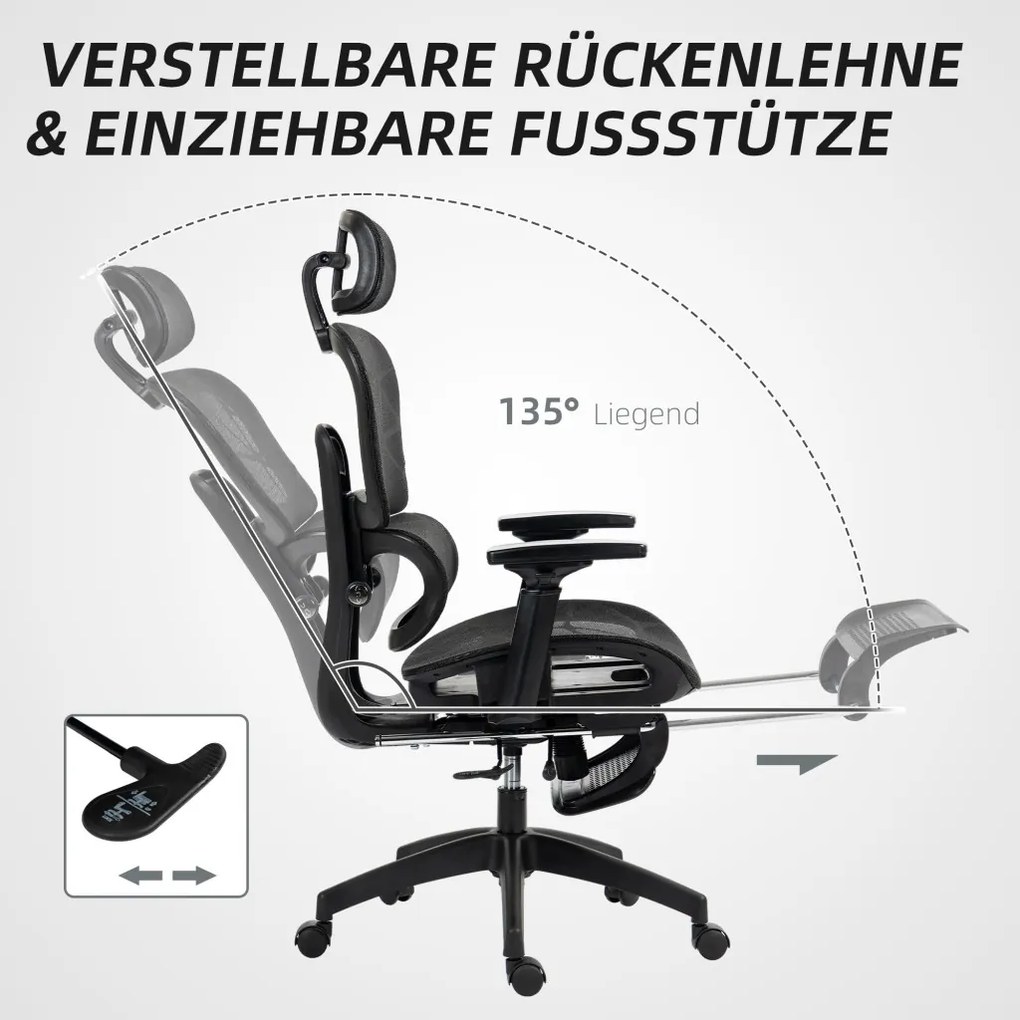 HOMCOM Ergonomikus irodai szék, hálós szövettel, állítható 3D, karfákkal és fejtámlával, fekete