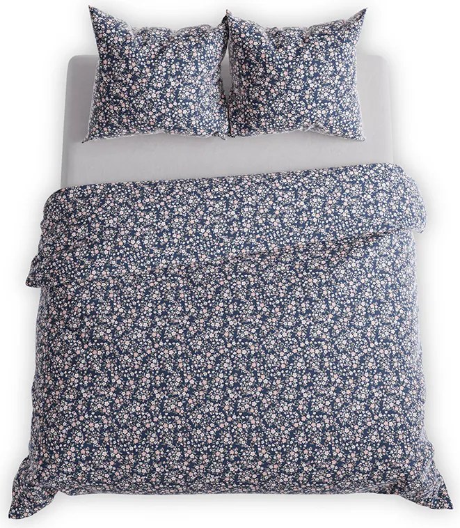 Szatén ágyneműhuzat 160x200 Nila sötétkék apró virágok