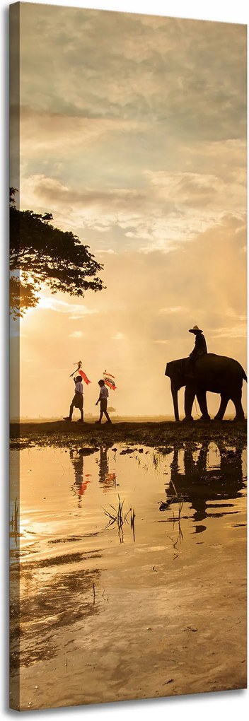 Vászonkép Emberek az elefántokon Naplemente Afrika Szavanna 40x120 cm