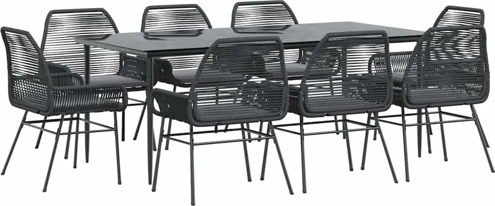 vidaXL 9 részes fekete polyrattan üveg kerti étkezőgarnitúra párnákkal