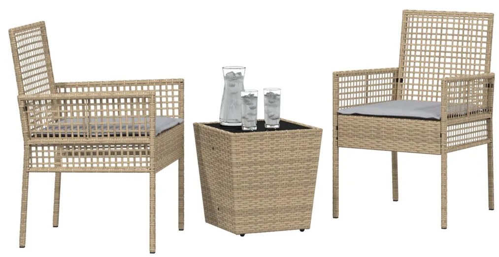 3 darabos Kerti Bistro Szett párnákkal Bézs Poly Rattan