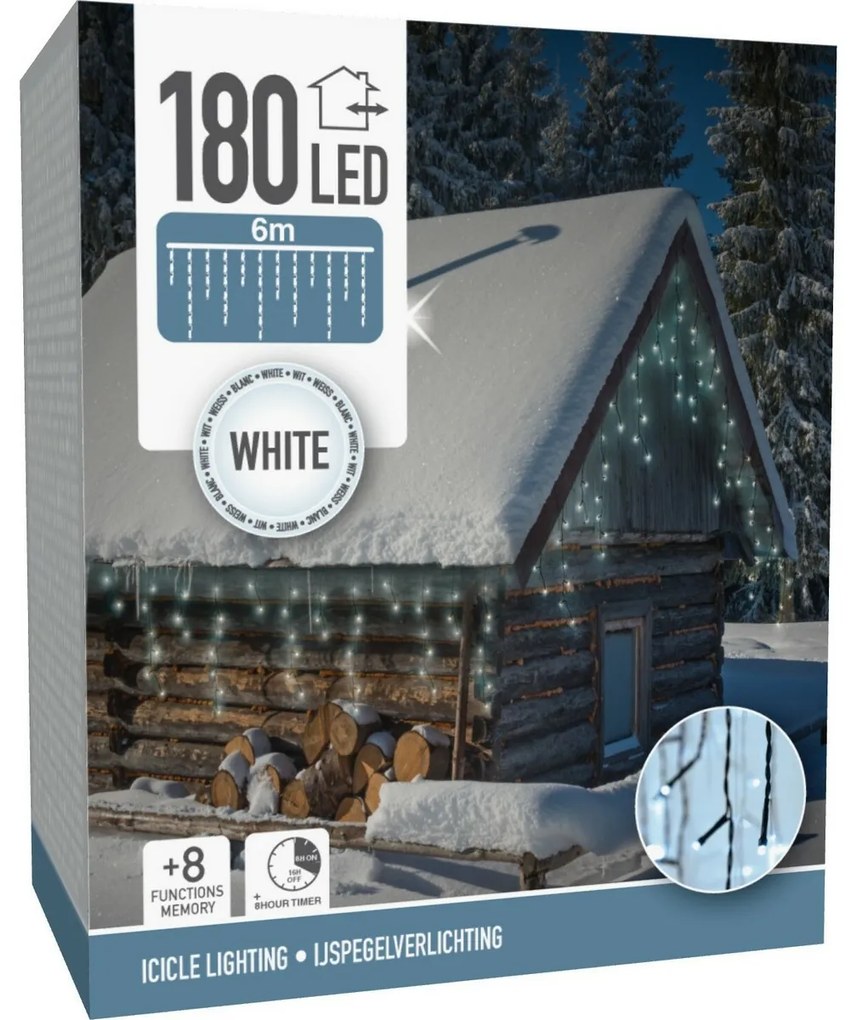Jégcsapok kültéri lánc 6 m, 180 LED, hideg fehér, időzítő, IP44
