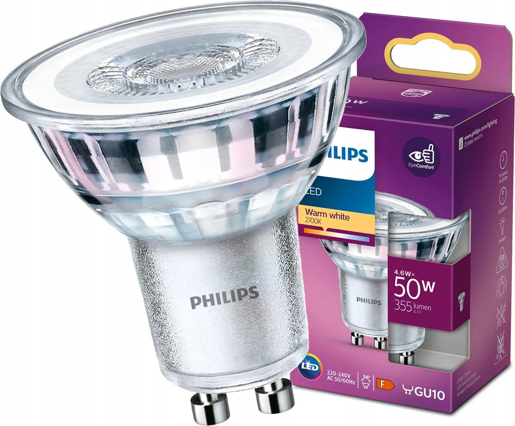 Led izzó GU10 4,6W 50W 355lm 2700K Meleg fehér 36° Reflektor Philips