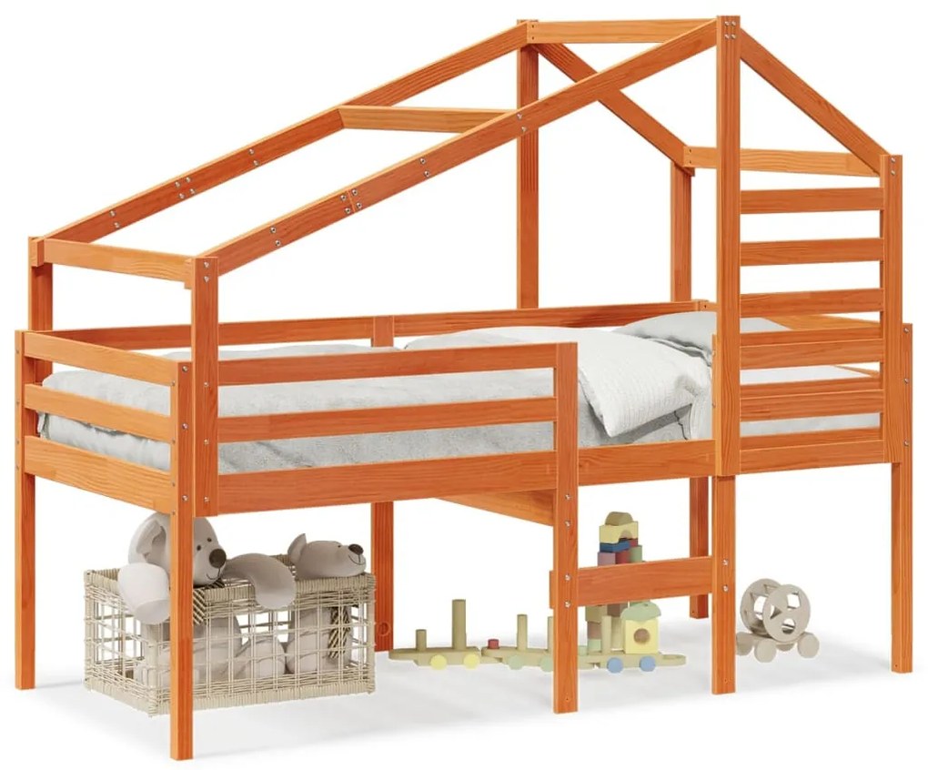 viaszbarna tömör fenyőfa magasított ágy tetővel 90 x 200 cm