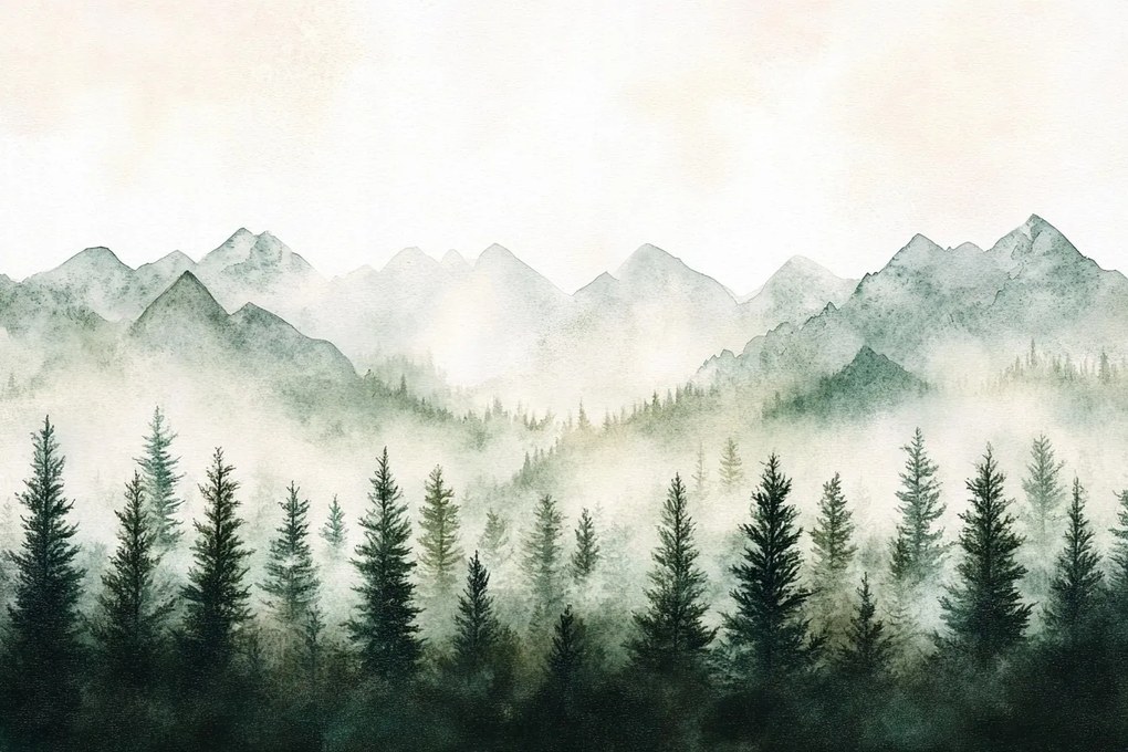 Fotótapéta Flizelina Akvarell Tájkép Hegyek Erdő Lucfenyő Köd 416x290 ragasztó