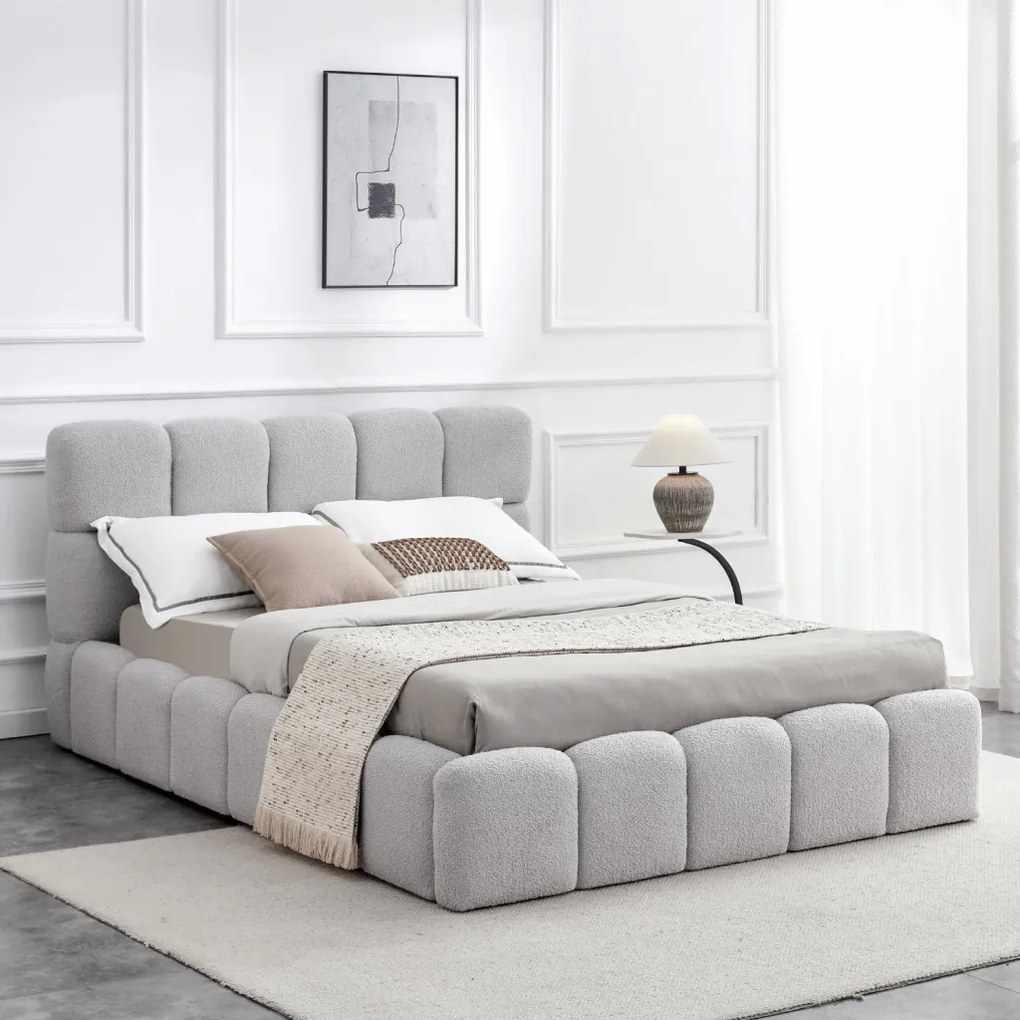 Ágy 140x200 cm méretben, ágyneműtartóval, szürke színben, bouclé kárpittal MURCJA