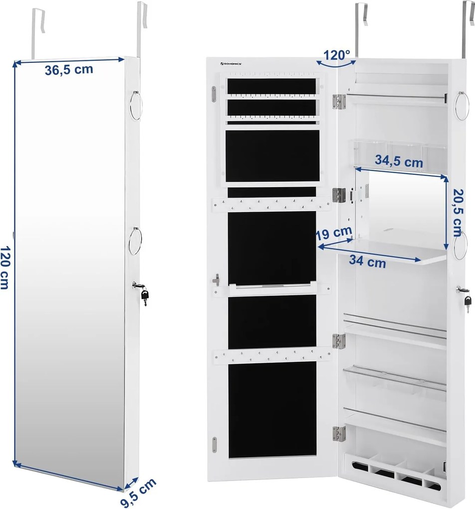 Tükrös ékszerszekrény 37 x 10 x 120 cm, zárható, fehér