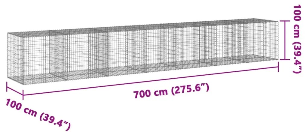 horganyzott vas gabion kosár fedéllel 700 x 100 x 100 cm