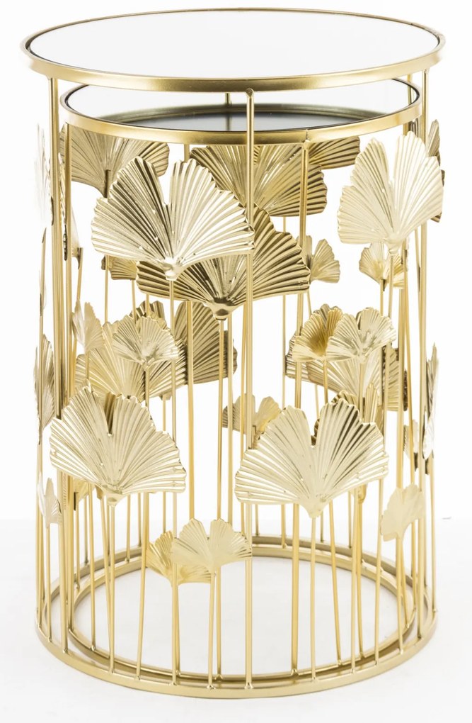 Gatsby design kerek fém 2db-os konzolasztal szett ginkgo biloba levelekkel üveg lappal 55x38x38-50x33x33cm