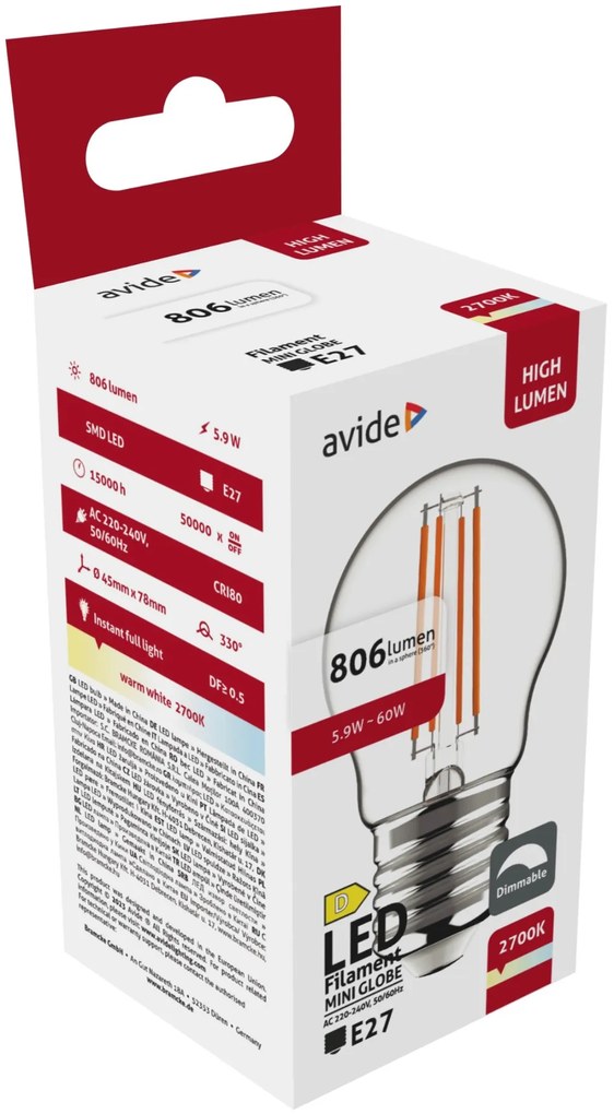 Avide LED Filament Mini Globe 5.9W E27 WW 2700K Fényerőszabályozható