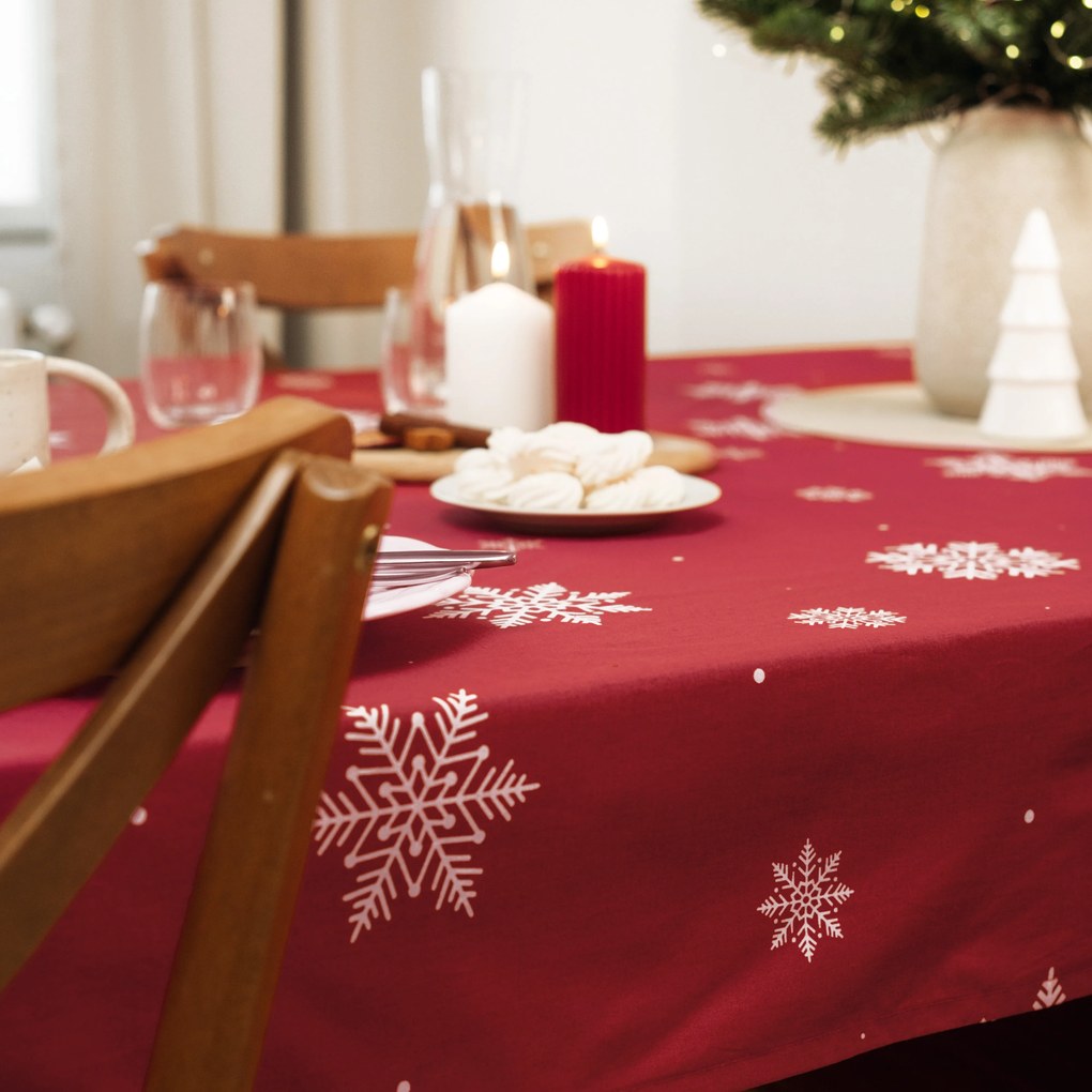 Goldea szögletes terítő 100% pamutvászon - hópelyhek piros alapon 120 x 140 cm