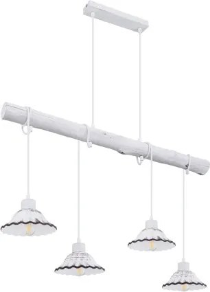 Globo 54050-4H Függeszték fém fehér alaplap, fehér fa áthidalóval, kerámia búrákkal, mely színe fehér, feketével antikolva, textil kábel. HxSZxM:850x170x1200, fényforrás nélkül 4xE27 40W 230V
