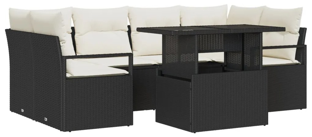 7 Részes Kerti Kanapé Szett Párnákkal Fekete Poly Rattan, 2-üléses Kerti Kanapé Párnákkal Fekete Poly Rattan