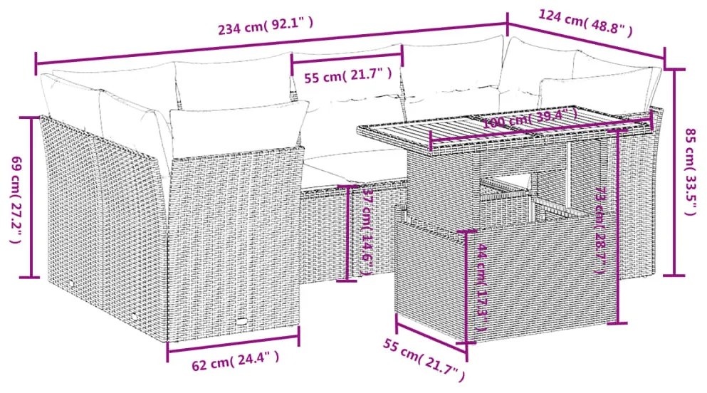 7 részes bézs polyrattan kerti ülőgarnitúra párnákkal