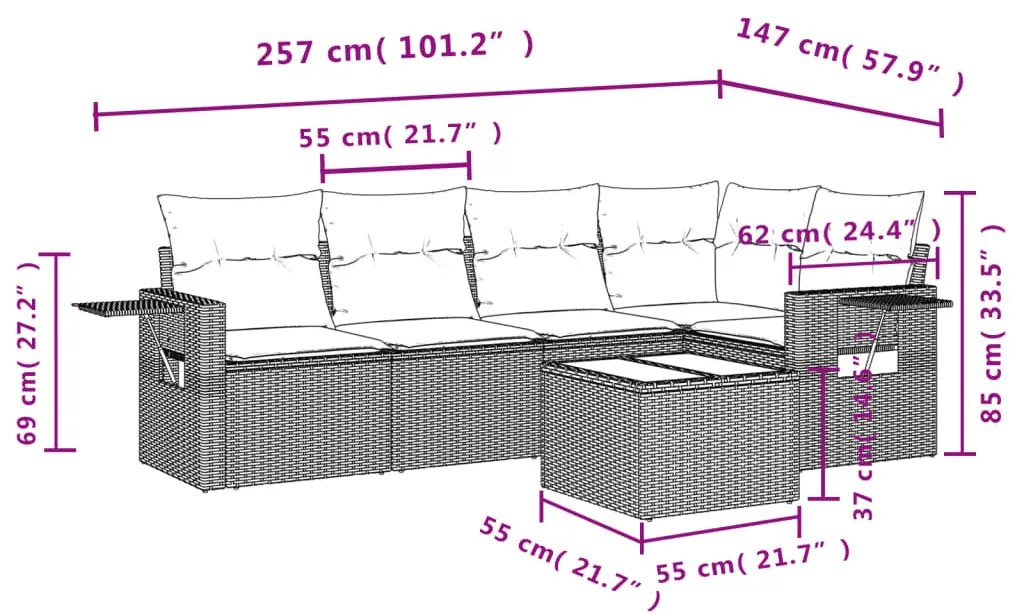 6 részes fekete polyrattan kerti ülőgarnitúra párnákkal