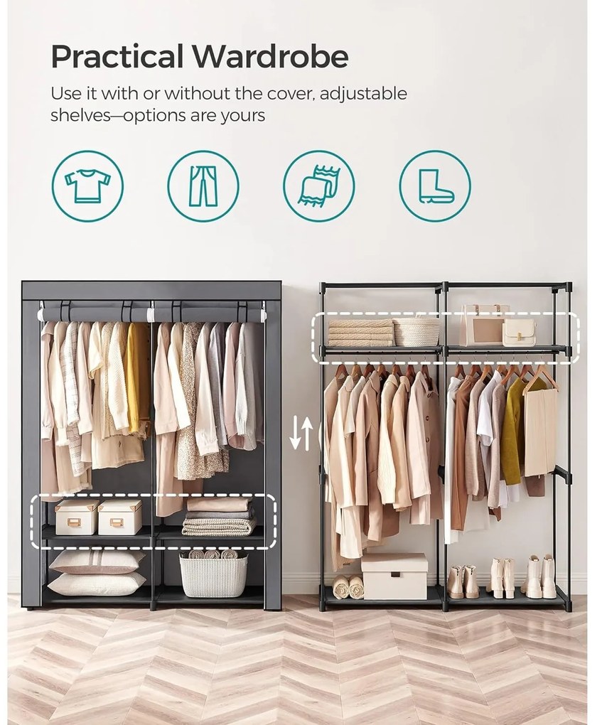 Ruhatároló szervező, mobil szövet ruhásszekrény akasztókkal 140 x 43 x 174 cm, szürke