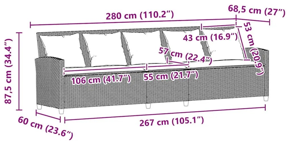 5 személyes barna polyrattan kerti kanapé párnával