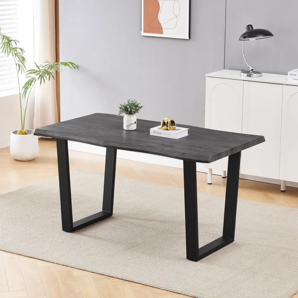 Masă de sufragerie, 140x80x75 cm, blat MDF, decor stejar gri, picioare metalice in forma de U