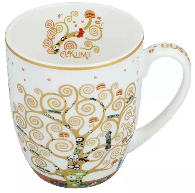 Porcelán bögre 400 ml fém díszdobozban Klimt Életfa fehér arany mintás