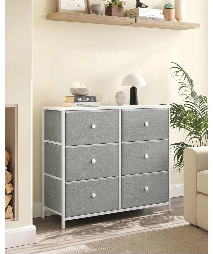 Tároló szekrény hat fiókkal, ruhás szekrény, fehér és világosszürke 80x30x71cm