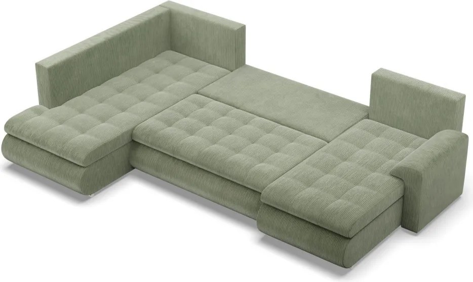 Tokio U sarokkanapé, 3 ágyneműtartóval, kordbársony, baloldali, zöld