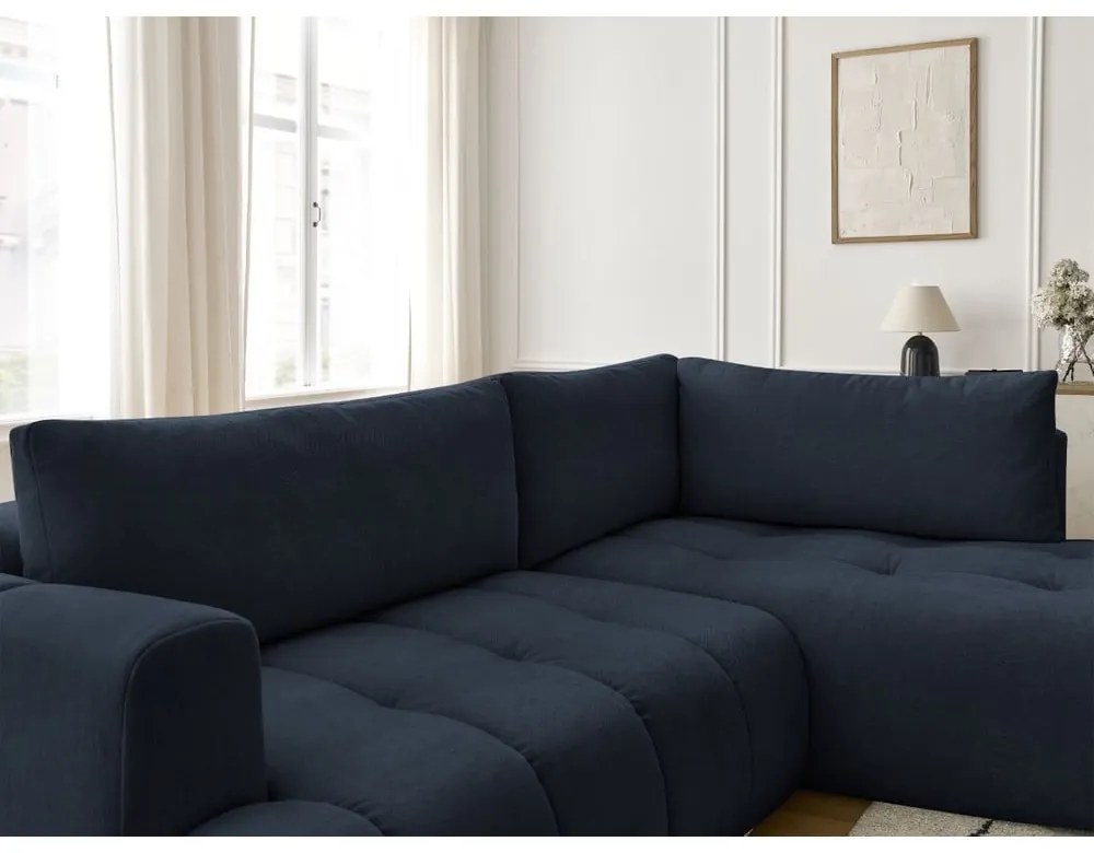 Sötétkék kinyitható-tárolóhelyes sarokkanapé (jobb oldali-L alakú) Fuji – Bobochic Paris