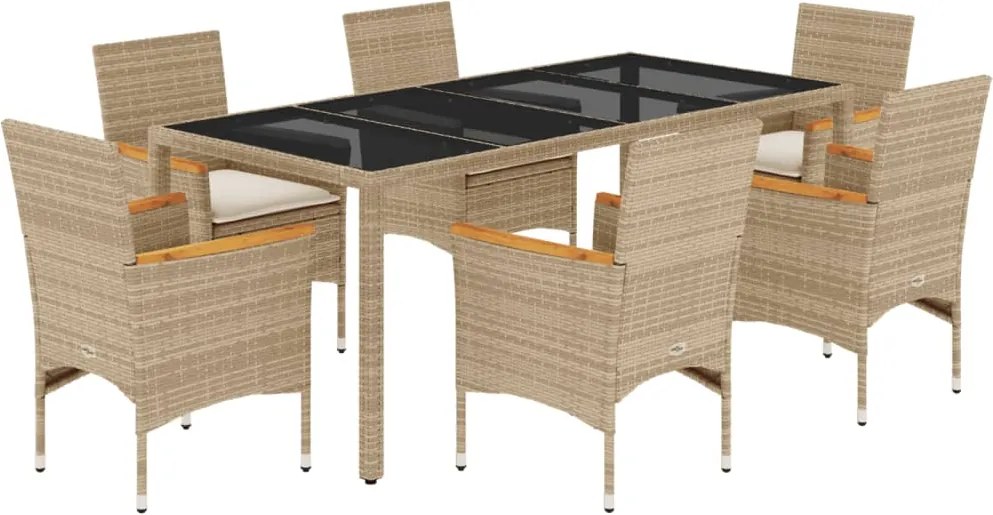vidaXL 7 részes bézs polyrattan/üveg kerti étkezőgarnitúra párnákkal