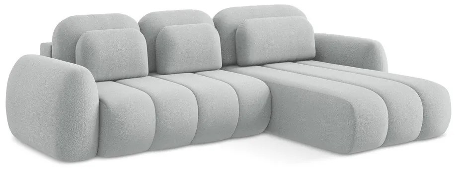 Világosszürke buklé kinyitható-tárolóhelyes sarokkanapé (jobb oldali-heverő résszel) Pele – Makamii