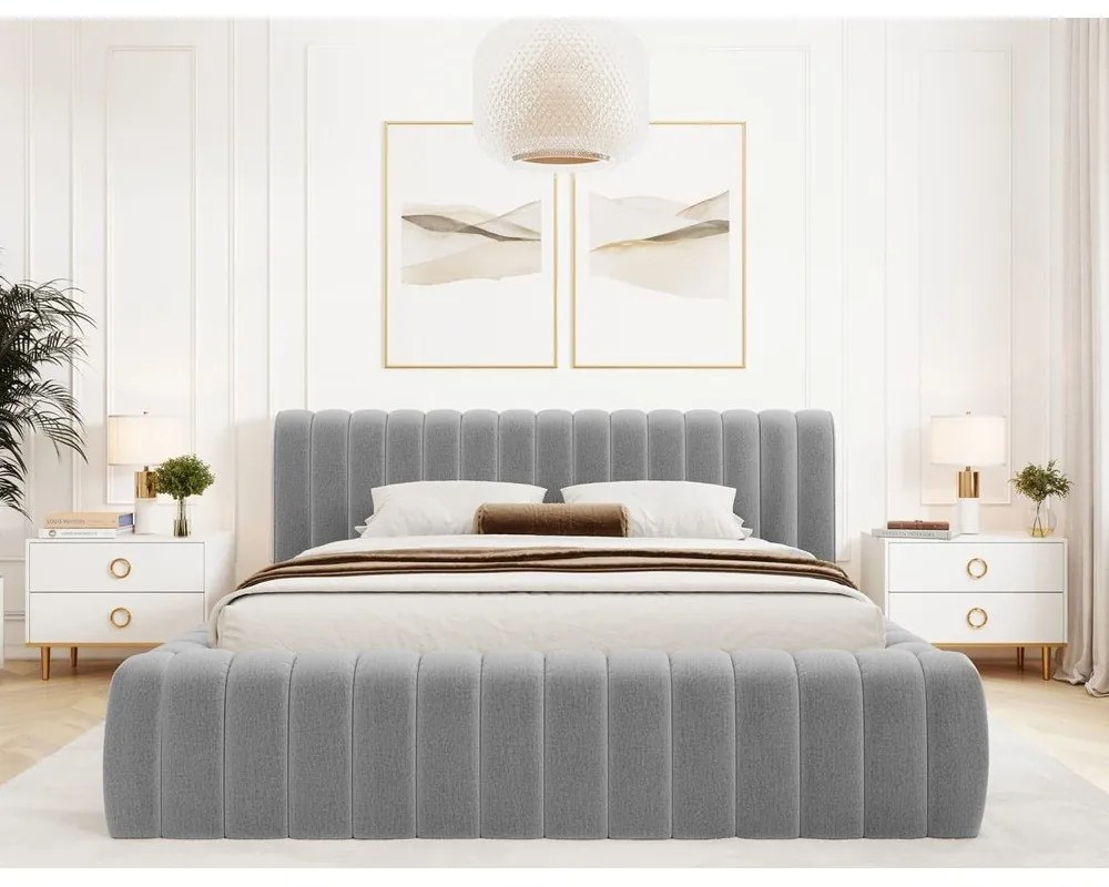 Világosszürke kárpitozott ágyneműtartós franciaágy ágyráccsal 180x200 cm Carilla – ELTAP