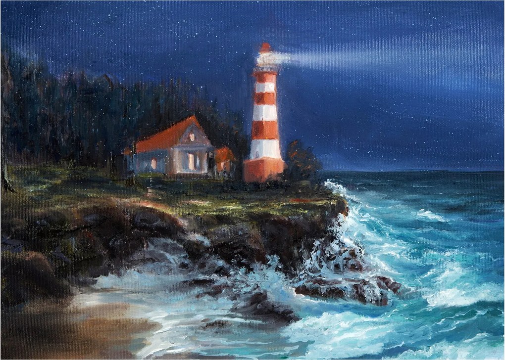 Kép - világítótorony az óceán partján, akvarell (70x50 cm)