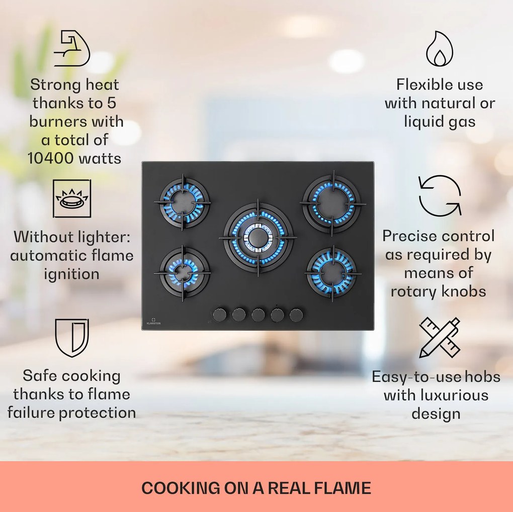 Klarstein Firetale, gázfőzőlap, 5 égő, 70 cm, alumínium égők, tömlővel és redukáló szeleppel