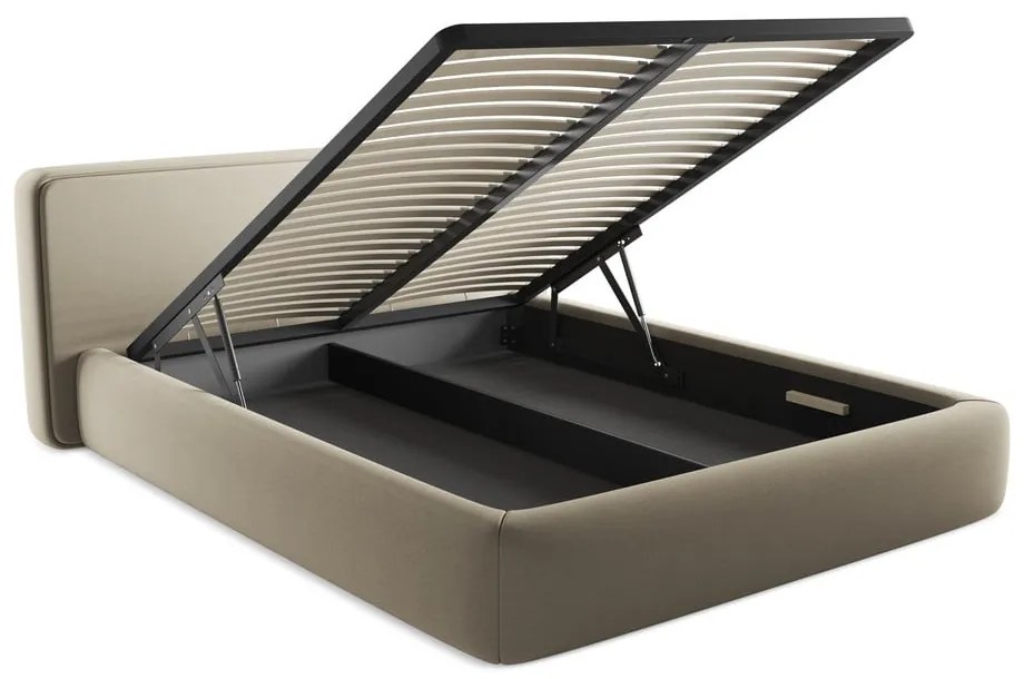 Bézs kárpitozott ágyneműtartós franciaágy ágyráccsal 160x200 cm Kiana – Makamii