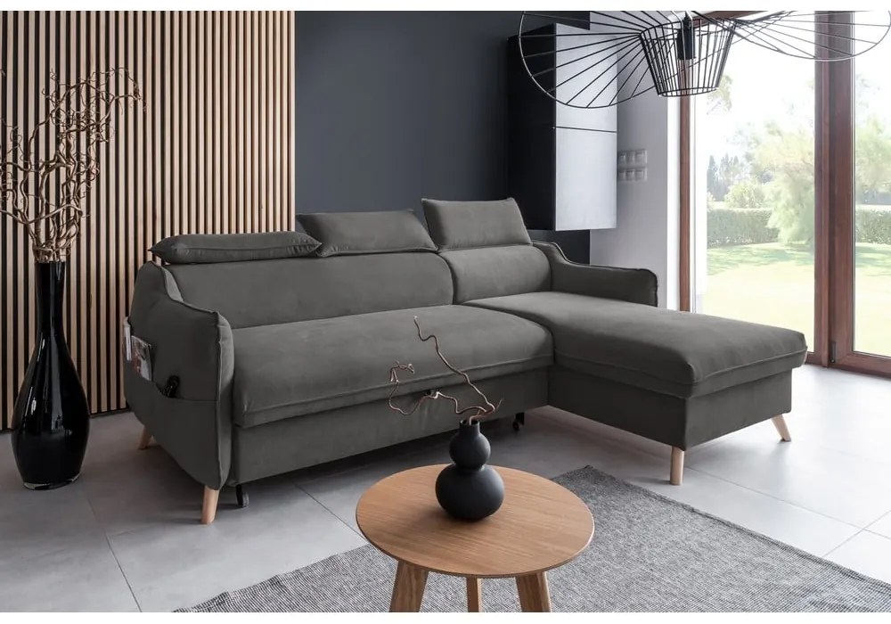 Sötétszürke bársony kinyitható sarokkanapé (jobb oldali) Sweet Harmony – Miuform