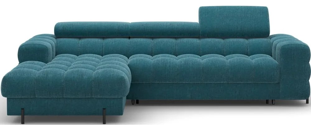 Kék buklé kinyitható-tárolóhelyes sarokkanapé (bal oldali-heverő résszel) Felro – ELTAP