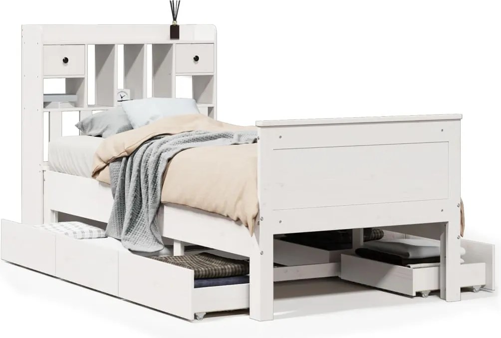 vidaXL fehér tömör fenyőfa könyvespolcos ágy matrac nélkül 75 x 190 cm