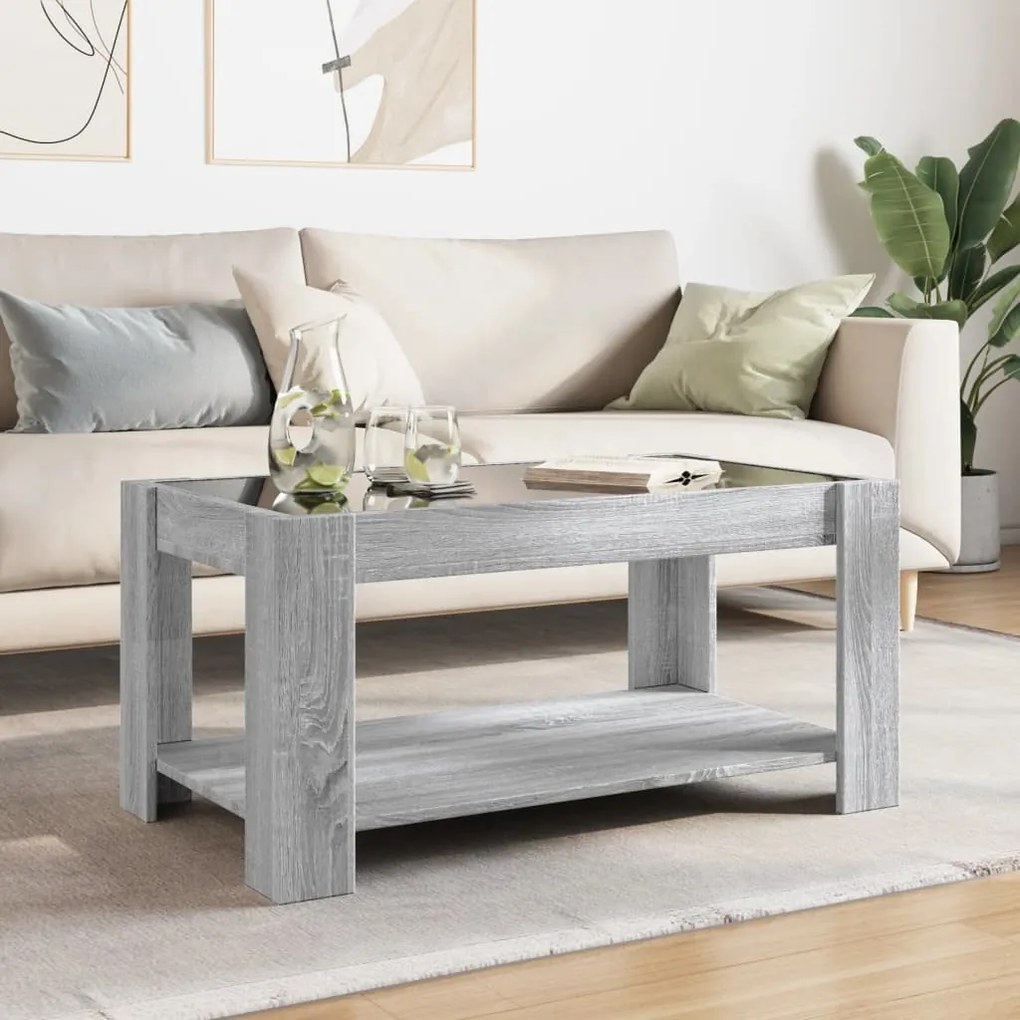 Szürke sonoma szerelt fa dohányzóasztal LED-del 93 x 53 x 45 cm