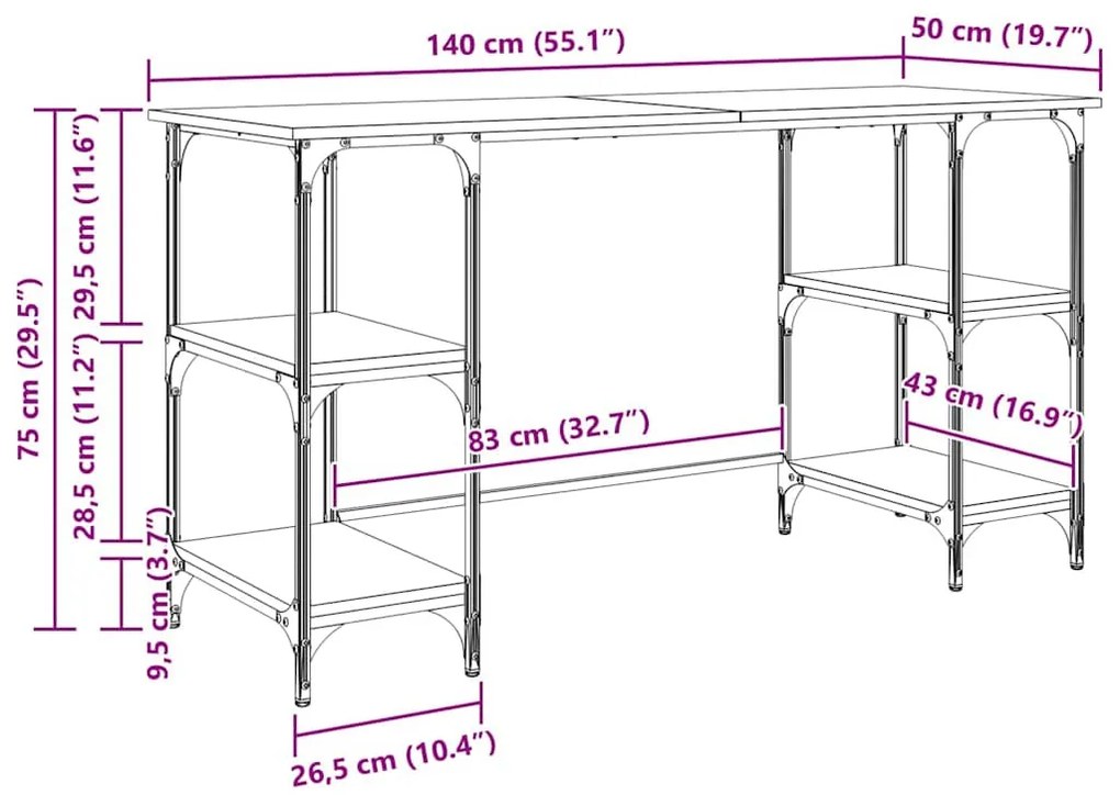 vidaXL Asztal polcokkal Fekete tölgy 140 x 50 x 75 cm Faanyag