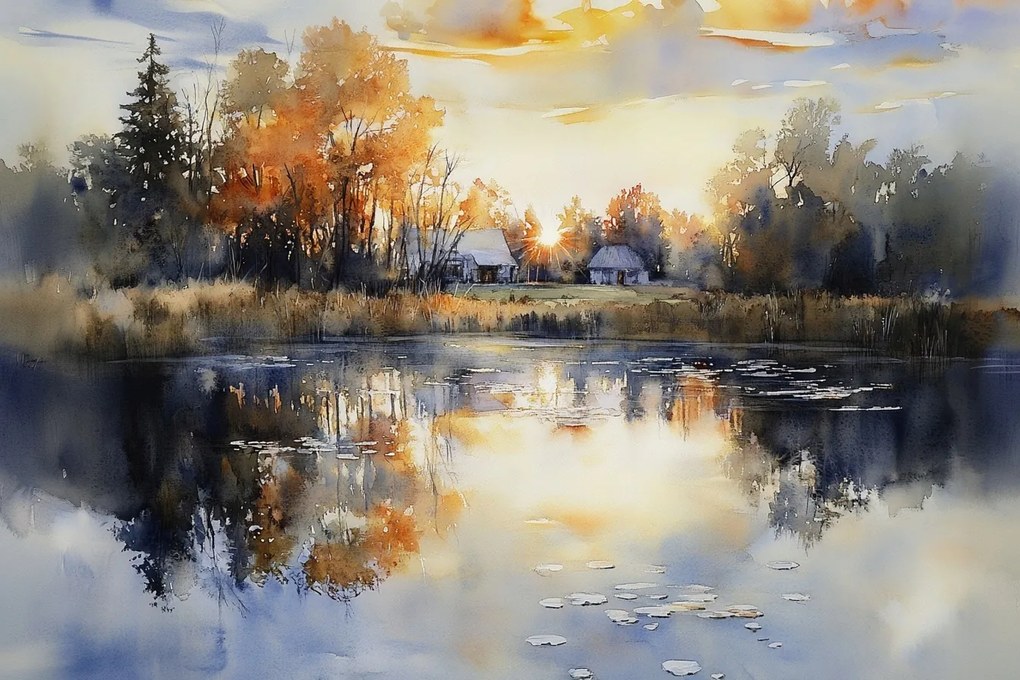 Vászonkép Canvas Tájkép Falu Alföld Tó Napnyugta 120x80