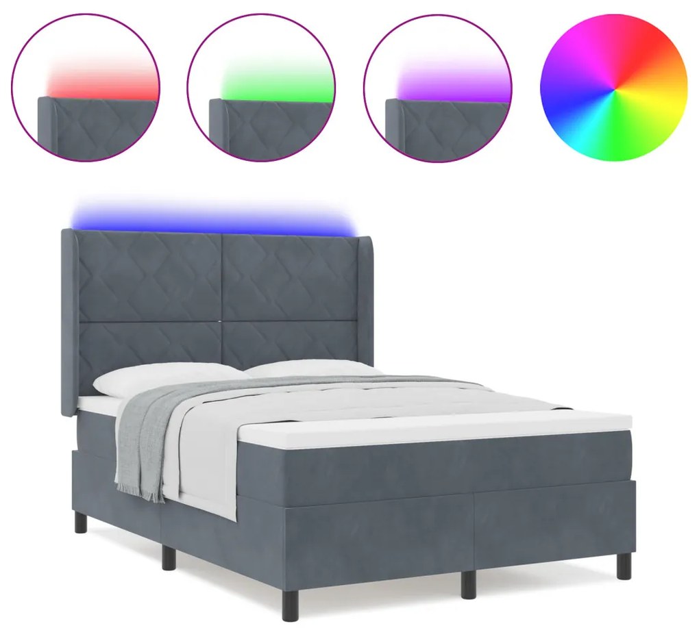 Boxspring Ágy Matraccal és LED-del Sötétszürke 160x200 cm Bársonyos