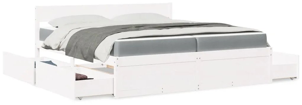 fehér tömör fenyőfa ágy fiókokkal és matraccal 200 x 200 cm