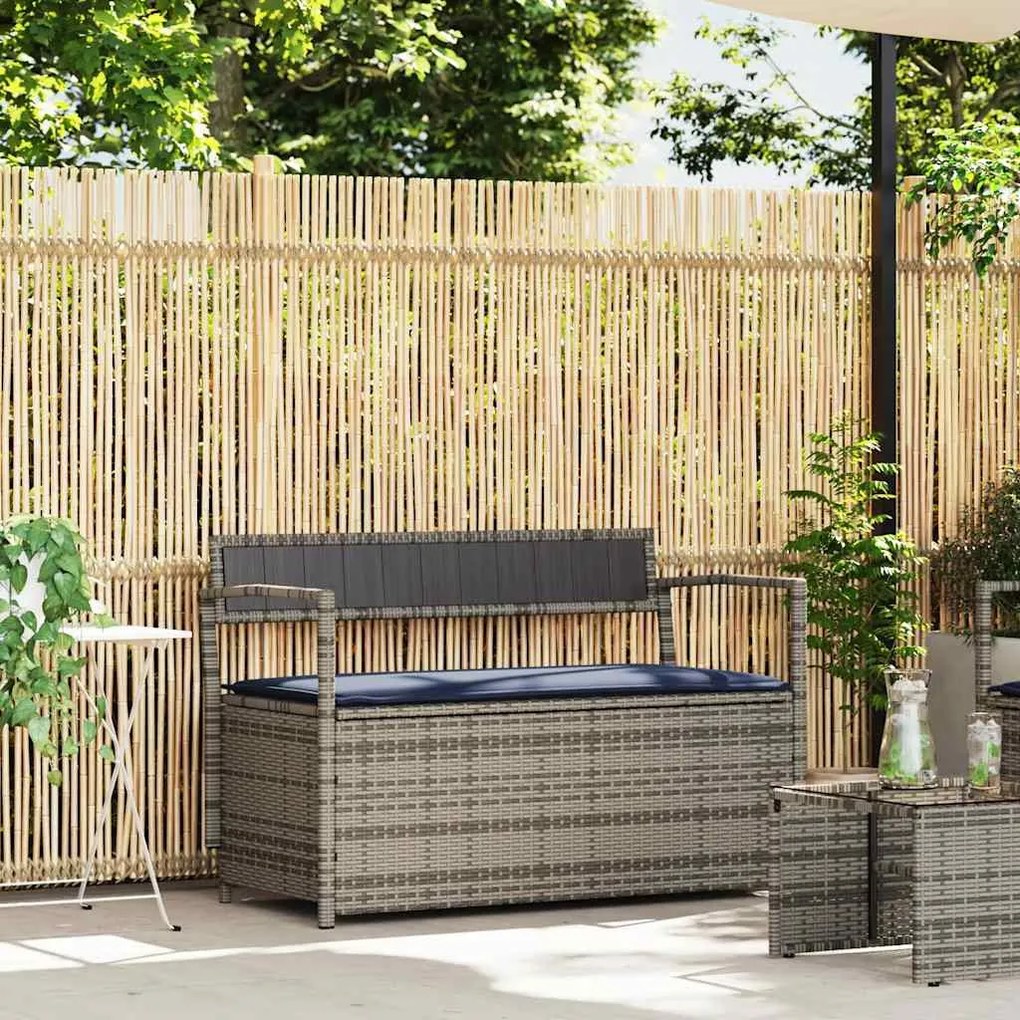 szürke polyrattan kerti tárolópad párnával
