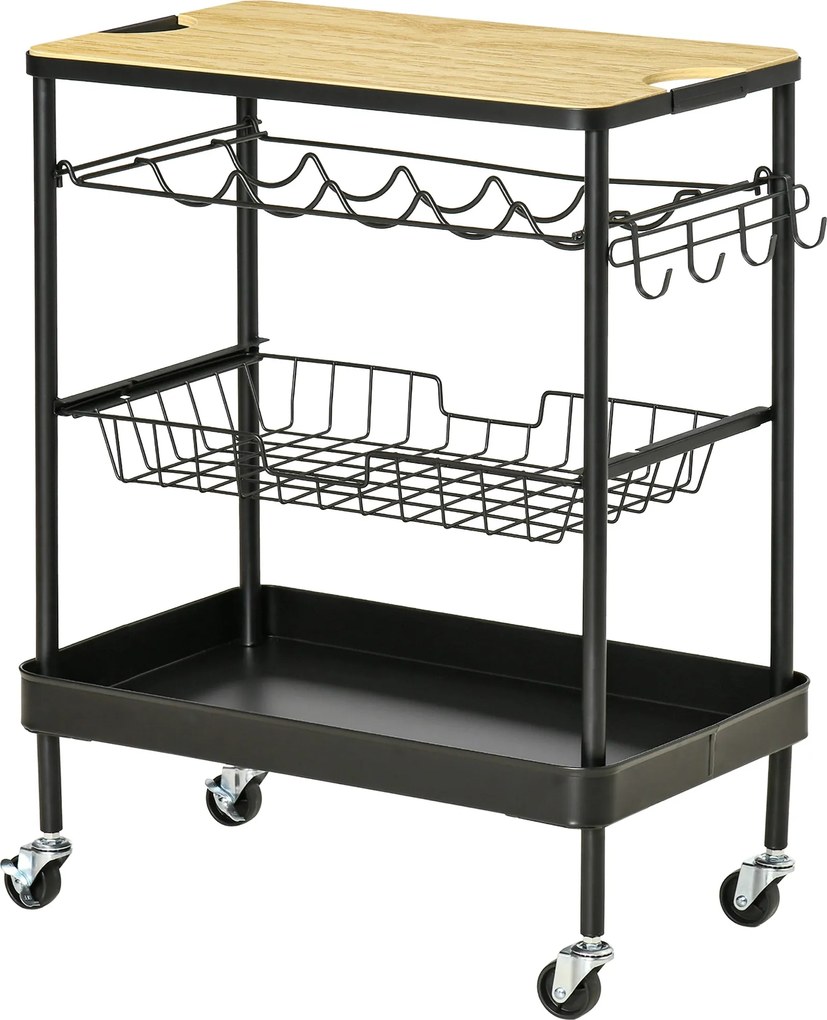 HOMCOM Kerekes Konyhai Kocsi Többfunkciós Tálalókocsi Üveg Tartóval, Levehető Kosárral és 4 Akasztóval Étkezőbe és Nappaliba 60.5x35.5x75 cm Fekete és