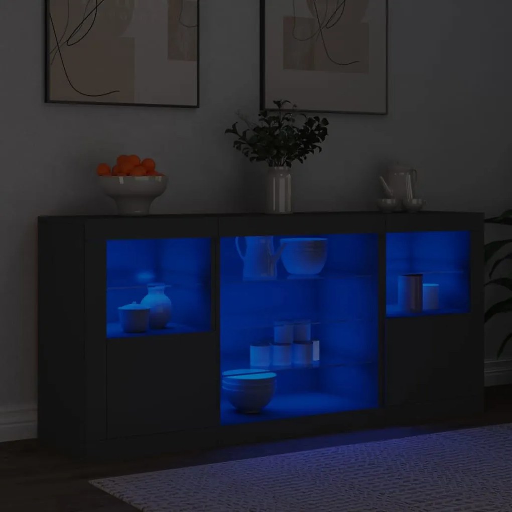 fekete tálalószekrény LED-világítással 142,5 x 37 x 67 cm