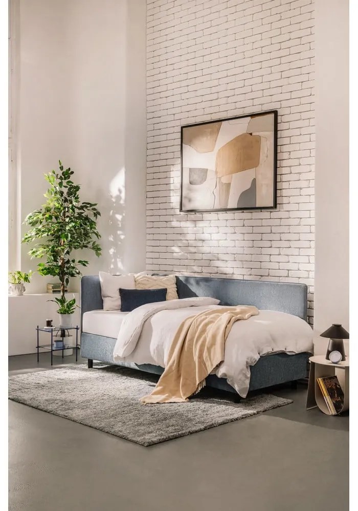 Kék kárpitozott ágyneműtartós egyszemélyes ágy matraccal 90x200 cm Avela – Bonami Selection