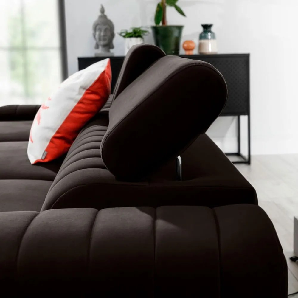 Sötétbarna bársony kinyitható-tárolóhelyes sarokkanapé (bal oldali-heverő résszel) Grayson – ELTAP