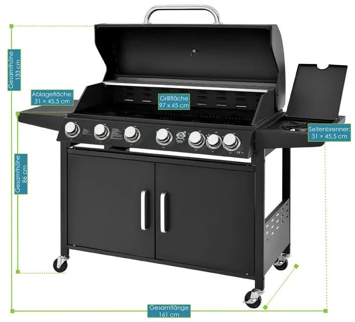 BBQ gázgrill ,,Kalifornia" 6 gázégővel + 1 oldalsó gázégő